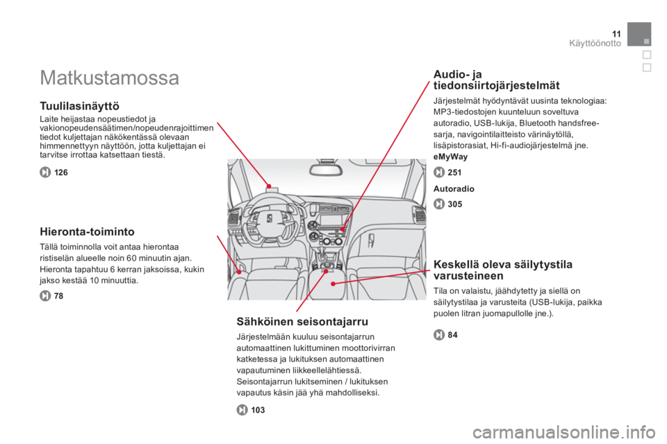 CITROEN DS5 2013  Omistajan Käsikirjat (in Finnish) 11Käyttöönotto
  Matkustamossa  
 
 
Tuulilasinäyttö 
 
Laite heijastaa nopeustiedot ja
vakionopeudensäätimen/nopeudenrajoittimen
tiedot kuljettajan näkökentässä olevaanhimmennettyyn näytt