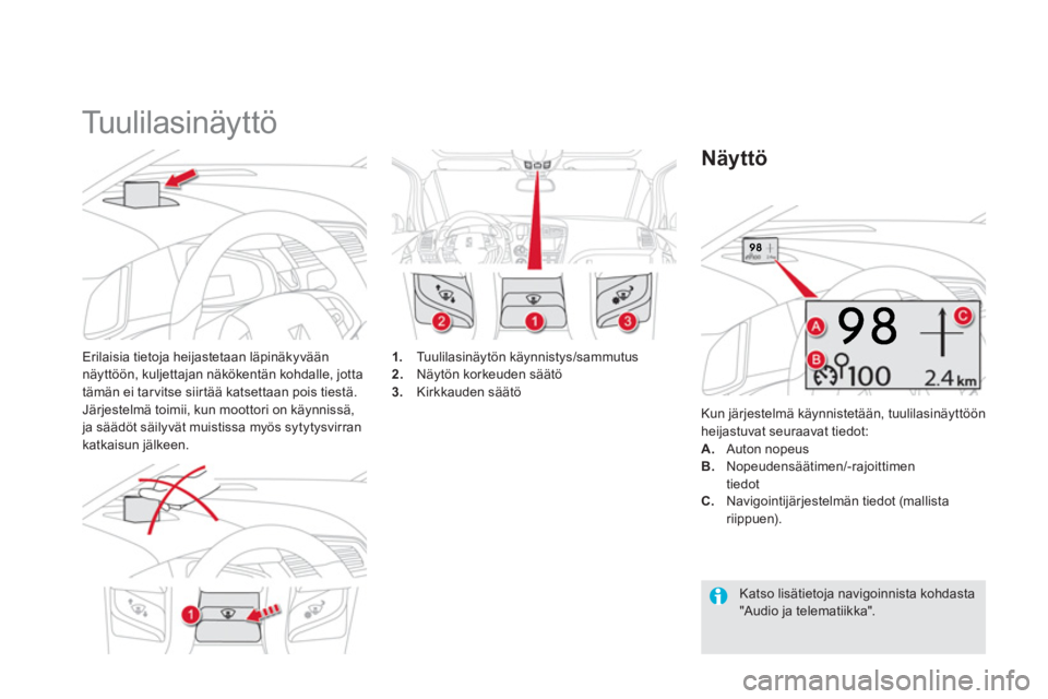CITROEN DS5 2013  Omistajan Käsikirjat (in Finnish)    
 
 
 
 
Tuulilasinäyttö 
Erilaisia tietoja heijastetaan läpinäkyväännäyttöön, kuljettajan näkökentän kohdalle, jotta
tämän ei tar vitse siir tää katsettaan pois tiestä.Järjestelm