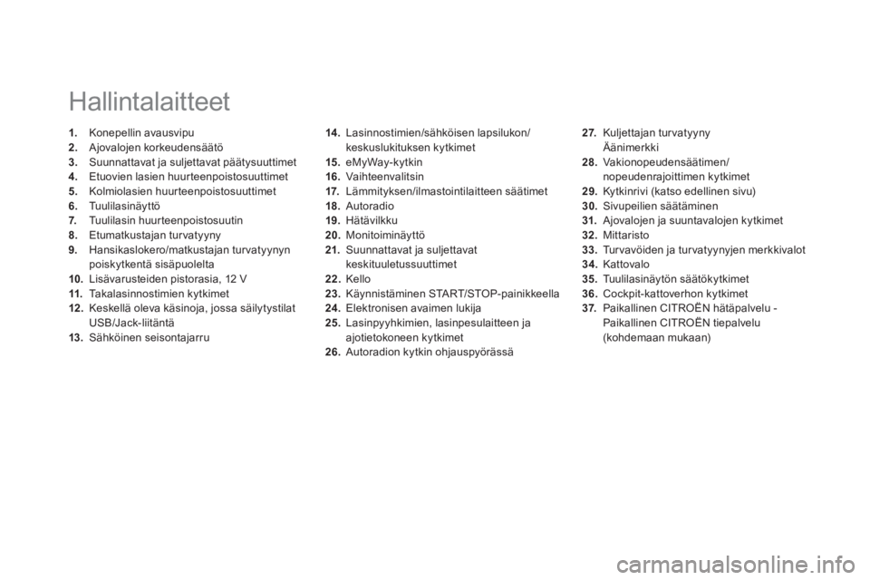CITROEN DS5 2013  Omistajan Käsikirjat (in Finnish) 14 .   Lasinnostimien/sähköisen lapsilukon/keskuslukituksen kytkimet 
15.   eMyWay-kytkin 
16.Vaihteenvalitsin
17.   Lämmityksen/ilmastointilaitteen säätimet 
18
.   Autoradio 
19.Hätävilkku 
2
