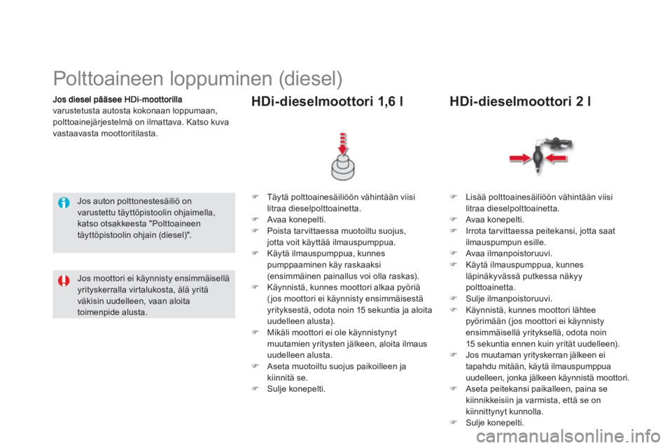 CITROEN DS5 2013  Omistajan Käsikirjat (in Finnish) varustetusta autosta kokonaan loppumaan, polttoainejärjestelmä on ilmattava. Katso kuva
vastaavasta moottoritilasta.
   
 
 
 
 
 
 
 
 
 
Polttoaineen loppuminen (diesel)  
 
 Jos auton polttoneste