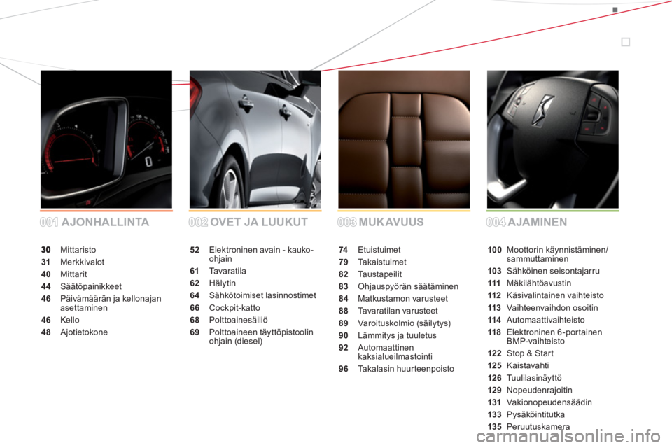 CITROEN DS5 2013  Omistajan Käsikirjat (in Finnish) 001001002002003003004004 MUKAVUUS OVET JA LUUKUT AJONHALLINTA AJAMINEN
 Mittaristo
31 Merkkivalot
40Mittarit
44Säätöpainikkeet
46 Päivämäärän ja kellonajan asettaminen
46 Kello
48 Ajotietokone