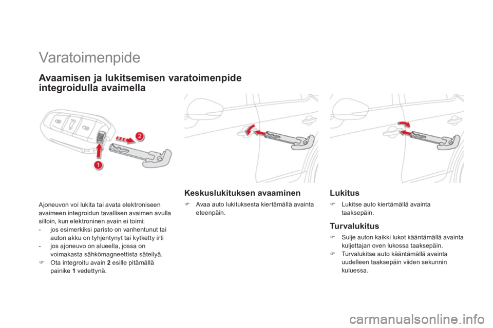 CITROEN DS5 2013  Omistajan Käsikirjat (in Finnish)    
 
 
 
 
Varatoimenpide  
Avaamisen ja lukitsemisen varatoimenpide
integroidulla avaimella
 Ajoneuvon voi lukita tai avata elektroniseenavaimeen integroidun tavallisen avaimen avullasilloin, kun el