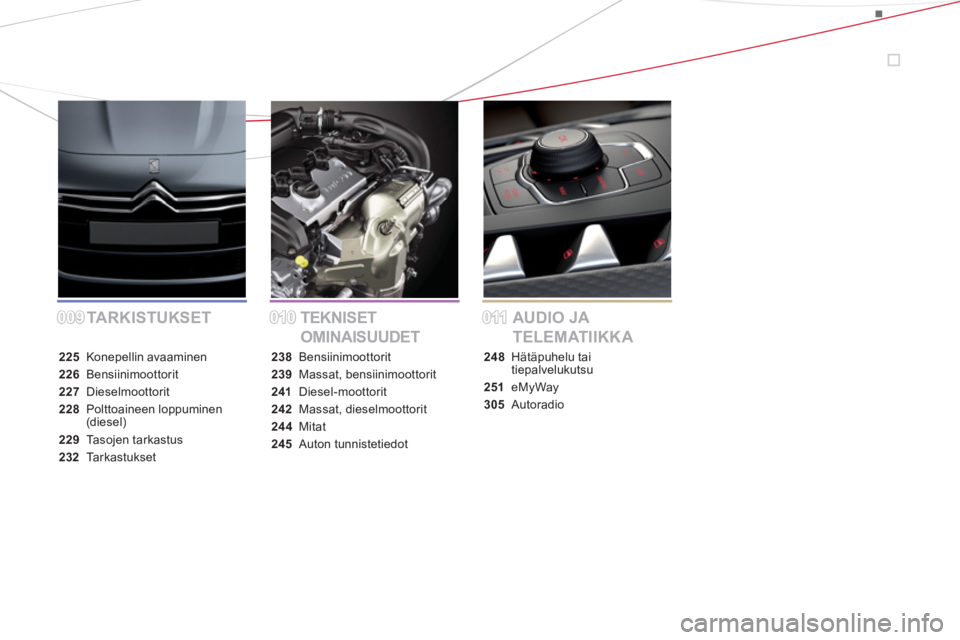 CITROEN DS5 2013  Omistajan Käsikirjat (in Finnish) 009009010010011011TA R K I S T U KS E T TEKNISET  
OMINAISUUDETAUDIO JA 
TELEMATIIKKA
225 Konepellin avaaminen
226 Bensiinimoottorit
227 Dieselmoottorit
228Polttoaineen loppuminen (diesel)
229Ta s oje