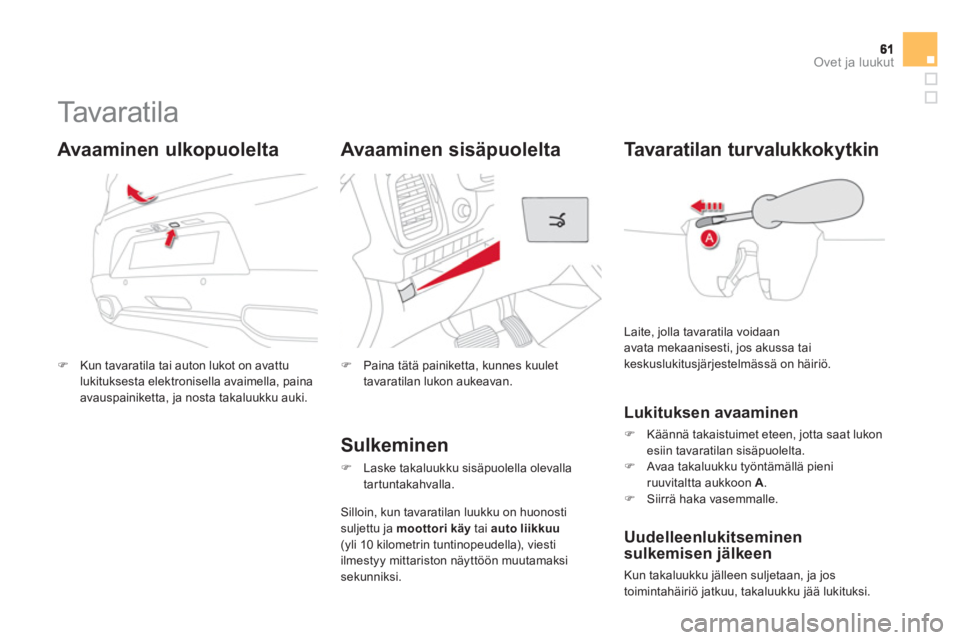 CITROEN DS5 2013  Omistajan Käsikirjat (in Finnish) Ovet ja luukut
   
 
 
 
 
 
 
 
 
 
 
Ta v a r a t i l a  
�)Kun tavaratila tai auton lukot on avattu 
lukituksesta elektronisella avaimella, paina
avauspainiketta, ja nosta takaluukku auki.  
 
 
 
