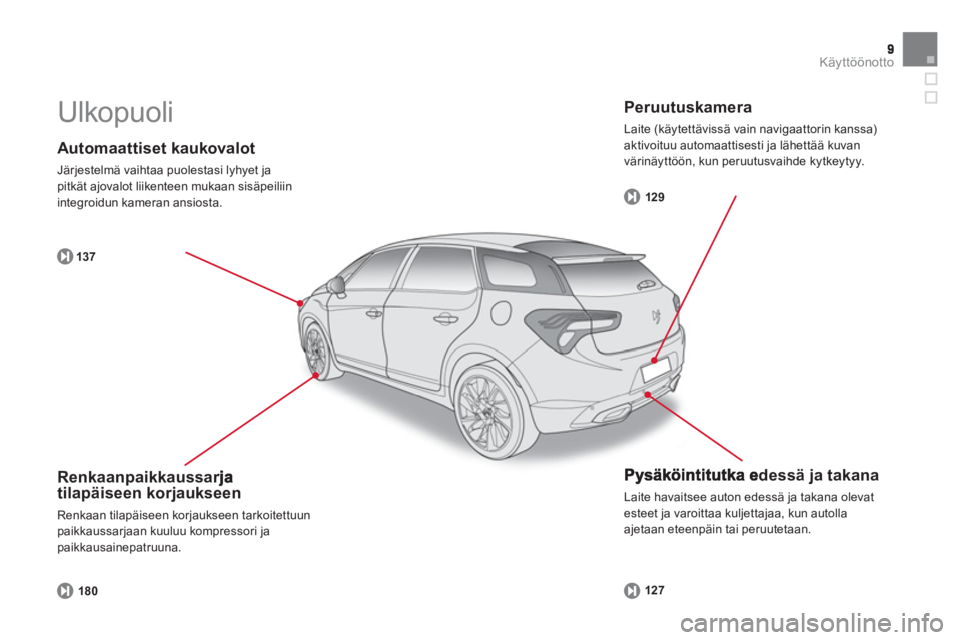 CITROEN DS5 2012 Omistajan Käsikirjat (in Finnish) Käyttöönotto
Automaattiset kaukovalot
Järjestelmä vaihtaa puolestasi lyhyet japitkät ajovalot liikenteen mukaan sisäpeiliin
integroidun kameran ansiosta.
137
Pysäköintitutka edess CITROEN DS5 2012 Omistajan Käsikirjat (in Finnish) Käyttöönotto
Automaattiset kaukovalot
Järjestelmä vaihtaa puolestasi lyhyet japitkät ajovalot liikenteen mukaan sisäpeiliin
integroidun kameran ansiosta.
137
Pysäköintitutka edess