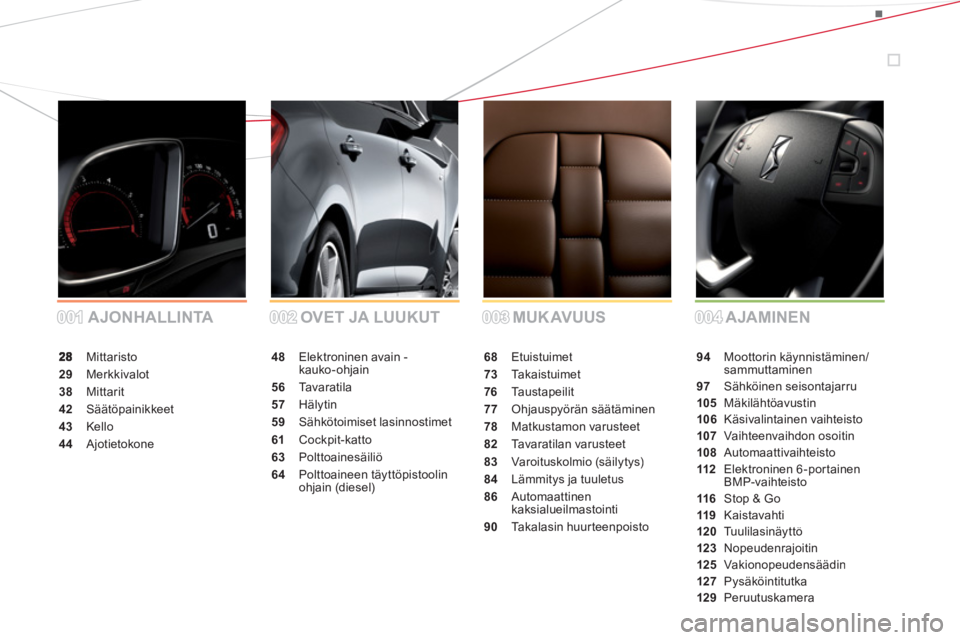 CITROEN DS5 2012  Omistajan Käsikirjat (in Finnish) 001001002002003003004004 MUKAVUUS OVET JA LUUKUT AJONHALLINTA AJAMINEN
 Mittaristo
29 Merkkivalot
38 Mittarit
42 Säätöpainikkeet
43 Kello
44Ajotietokone
48Elektroninen avain - 
kauko-ohjain
56 Tava
