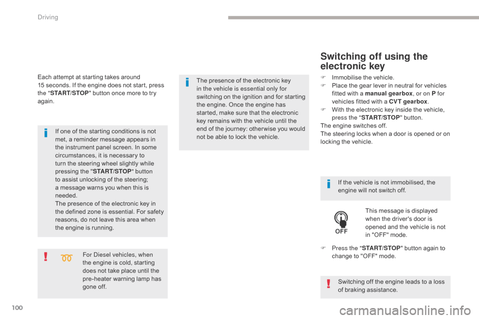 Citroen C4 AIRCROSS 2017 1.G Owners Manual 100
C4-Aircross_en_Chap04_conduite_ed01-2016
For Diesel vehicles, when 
the engine is cold, starting 
does not take place until the 
pre-heater warning lamp has 
gone off.
If one of the starting condi