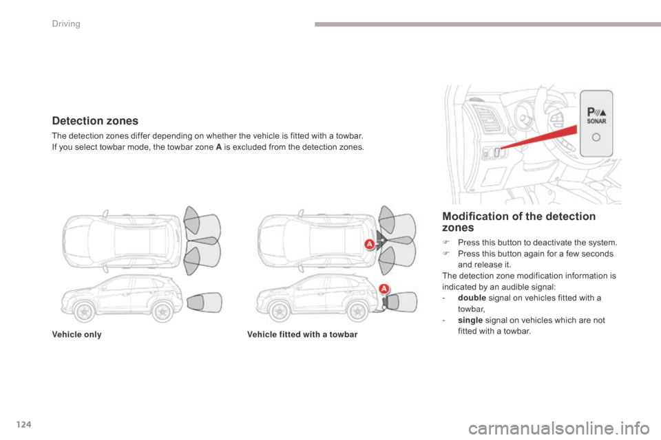 Citroen C4 AIRCROSS 2017 1.G Owners Manual 124
C4-Aircross_en_Chap04_conduite_ed01-2016
Vehicle onlyVehicle fitted with a towbar
Modification of the detection 
zones
F Press this button to deactivate the system.
F
 P ress this button again for