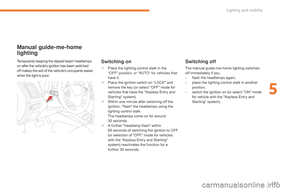 Citroen C4 AIRCROSS 2017 1.G User Guide 131
C4-Aircross_en_Chap05_Eclairage-et-visibilite_ed01-2016
Switching off
The manual guide-me-home lighting switches 
off immediately if you.
- 
f
 lash the headlamps again,
-
 
p
 lace the lighting c