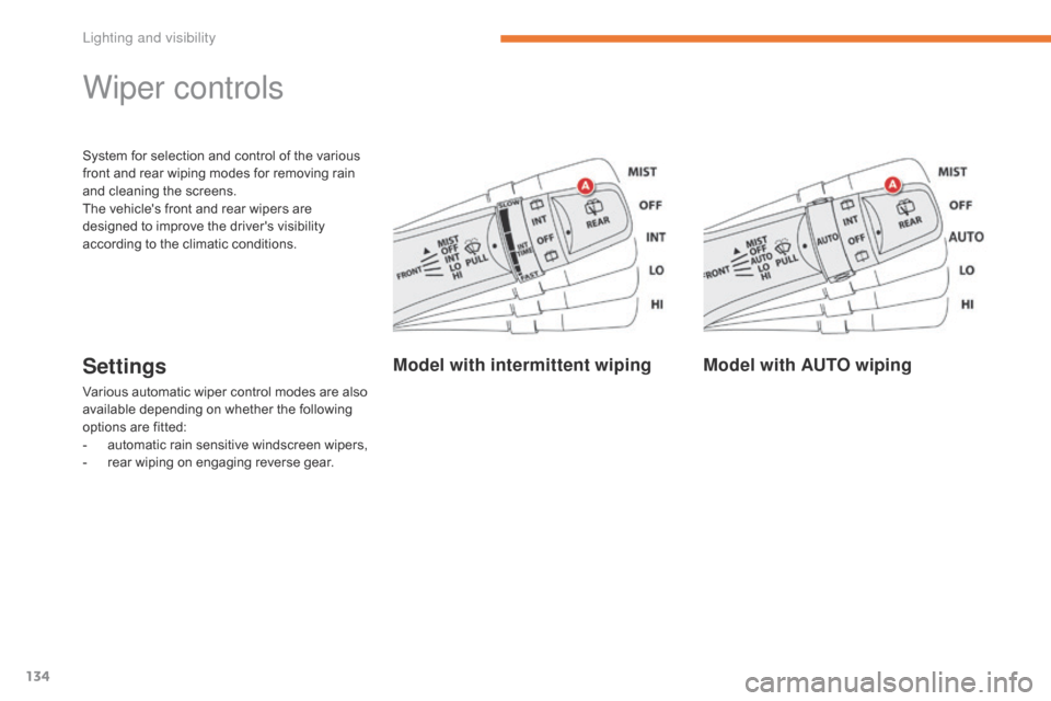 Citroen C4 AIRCROSS 2017 1.G Owners Manual 134
C4-Aircross_en_Chap05_Eclairage-et-visibilite_ed01-2016
System for selection and control of the various 
front and rear wiping modes for removing rain 
and cleaning the screens.
The vehicles fron