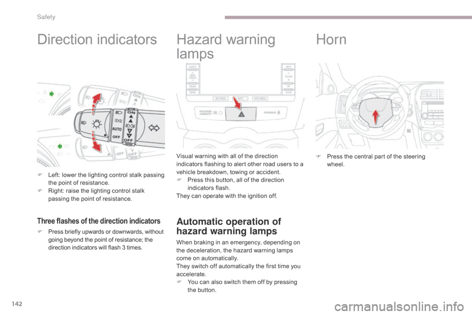 Citroen C4 AIRCROSS 2017 1.G Owners Manual 142
C4-Aircross_en_Chap06_securite_ed01-2016
Direction indicators
F Left: lower the lighting control stalk passing the point of resistance.
F
 
R
 ight: raise the lighting control stalk 
passing the p