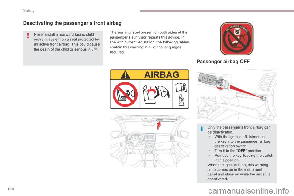 Citroen C4 AIRCROSS 2017 1.G Owners Manual 158
C4-Aircross_en_Chap06_securite_ed01-2016
Deactivating the passengers front airbagPassenger airbag OFF
The warning label present on both sides of the 
passengers sun visor repeats this advice. In