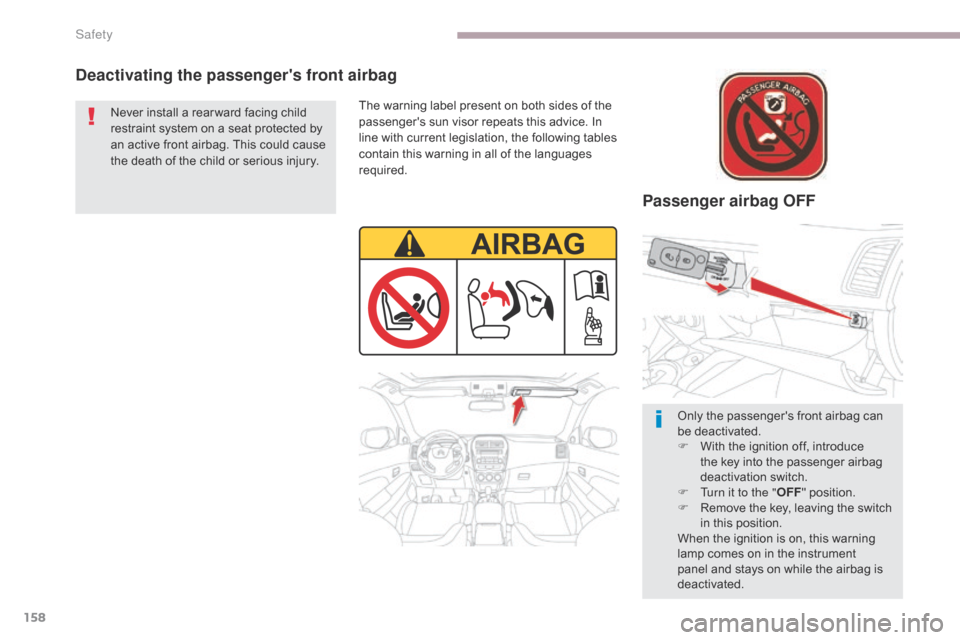Citroen C4 AIRCROSS 2017 1.G Owners Manual 158
C4-Aircross_en_Chap06_securite_ed01-2016
Deactivating the passengers front airbagPassenger airbag OFF
The warning label present on both sides of the
passengers sun visor repeats this advice. In Citroen C4 AIRCROSS 2017 1.G Owners Manual 158
C4-Aircross_en_Chap06_securite_ed01-2016
Deactivating the passengers front airbagPassenger airbag OFF
The warning label present on both sides of the
passengers sun visor repeats this advice. In