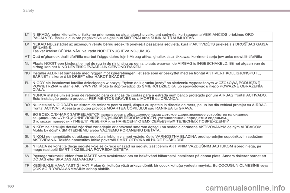Citroen C4 AIRCROSS 2017 1.G User Guide 160
lTNIEK ADA neįrenkite vaiko prilaikymo priemonės su atgal atgręžtu vaiku ant sėdynės, kuri saugoma VEIKIANČIOS priekinės ORO 
PAGALVĖS. Išsiskleidus oro pagalvei vaikas gali būti MIRTIN