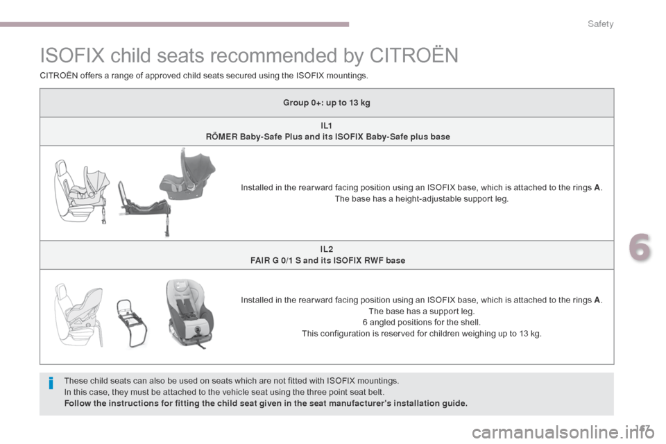 Citroen C4 AIRCROSS 2017 1.G Owners Manual 167
C4-Aircross_en_Chap06_securite_ed01-2016
ISOFIX child seats recommended by CITROËN
These child seats can also be used on seats which are not fitted with ISOFIX mountings.
In this case, they must Citroen C4 AIRCROSS 2017 1.G Owners Manual 167
C4-Aircross_en_Chap06_securite_ed01-2016
ISOFIX child seats recommended by CITROËN
These child seats can also be used on seats which are not fitted with ISOFIX mountings.
In this case, they must