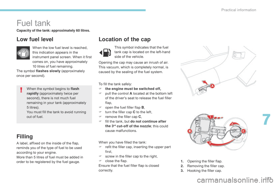 Citroen C4 AIRCROSS 2017 1.G Owners Manual 173
C4-Aircross_en_Chap07_info-pratiques_ed01-2016
When the symbol begins to flash 
rapidly (approximately twice per 
second), there is not much fuel 
remaining in your tank (approximately 
5
  litres