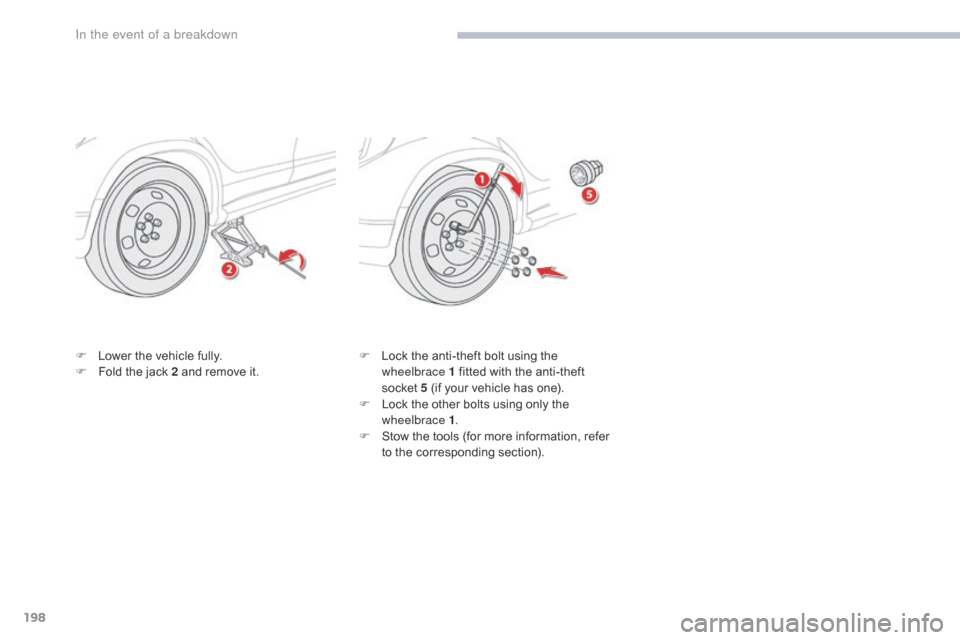 Citroen C4 AIRCROSS 2017 1.G Owners Manual 198
C4-Aircross_en_Chap08_En-cas-de-panne_ed01-2016
F Lower the vehicle fully.
F F old the jack 2 and remove it. F
 L ock the anti-theft bolt using the 
wheelbrace 1 fitted with the anti-theft 
socket