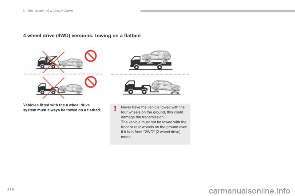 Citroen C4 AIRCROSS 2017 1.G Owners Manual 216
C4-Aircross_en_Chap08_En-cas-de-panne_ed01-2016
Vehicles fitted with the 4 wheel drive 
system must always be towed on a flatbed.Never have the vehicle towed with the 
four wheels on the ground, t