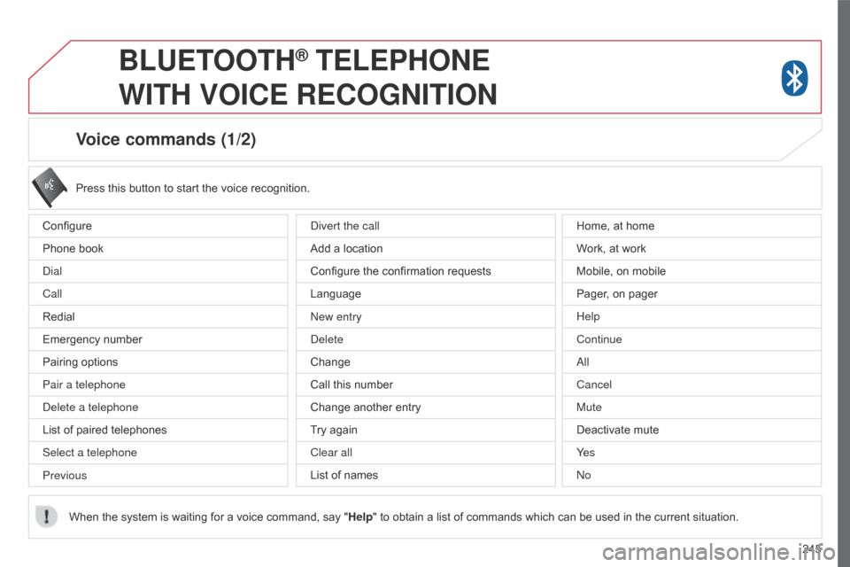 Citroen C4 AIRCROSS 2017 1.G Owners Manual 245
Voice commands (1/2)
Configure
Phone book
Dial
Call
Redial
Emergency number
Pairing options
Pair a telephone
Delete a telephone
List of paired telephones
Select a telephone
PreviousPress this butt Citroen C4 AIRCROSS 2017 1.G Owners Manual 245
Voice commands (1/2)
Configure
Phone book
Dial
Call
Redial
Emergency number
Pairing options
Pair a telephone
Delete a telephone
List of paired telephones
Select a telephone
PreviousPress this butt
