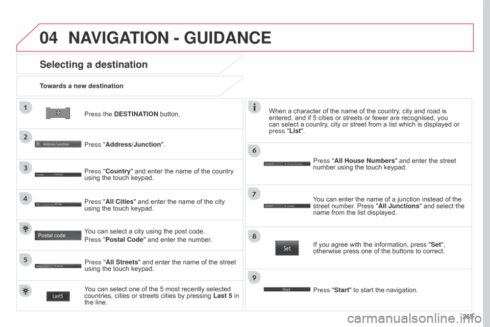 Citroen C4 AIRCROSS 2017 1.G User Guide 04
265
C4-Aircross_en_Chap10b_Mitsu6_ed01-2016
Press the DESTINATION button.
Towards a new destination
Selecting a destination
Press "Address/Junction".
Press "Country" and enter the name of the count