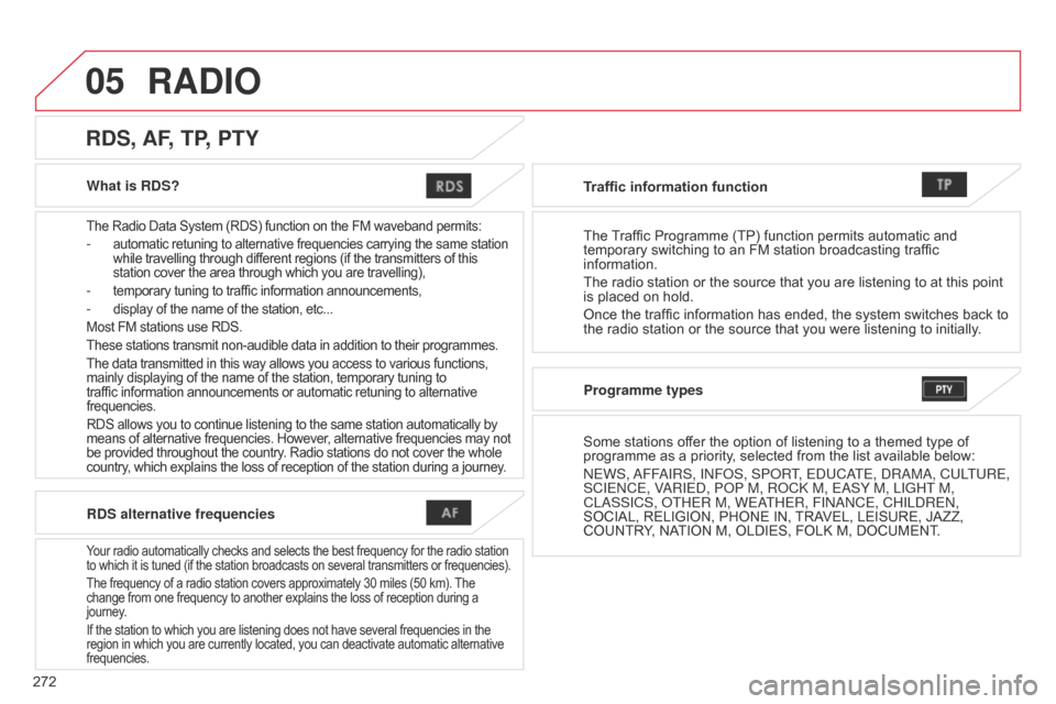 Citroen C4 AIRCROSS 2017 1.G Owners Manual 05
272
C4-Aircross_en_Chap10b_Mitsu6_ed01-2016
What is RDS?
The Radio Data System (RDS) function on the FM waveband permits:
- automatic retuning to alternative frequencies carrying the same station
Citroen C4 AIRCROSS 2017 1.G Owners Manual 05
272
C4-Aircross_en_Chap10b_Mitsu6_ed01-2016
What is RDS?
The Radio Data System (RDS) function on the FM waveband permits:
- automatic retuning to alternative frequencies carrying the same station
