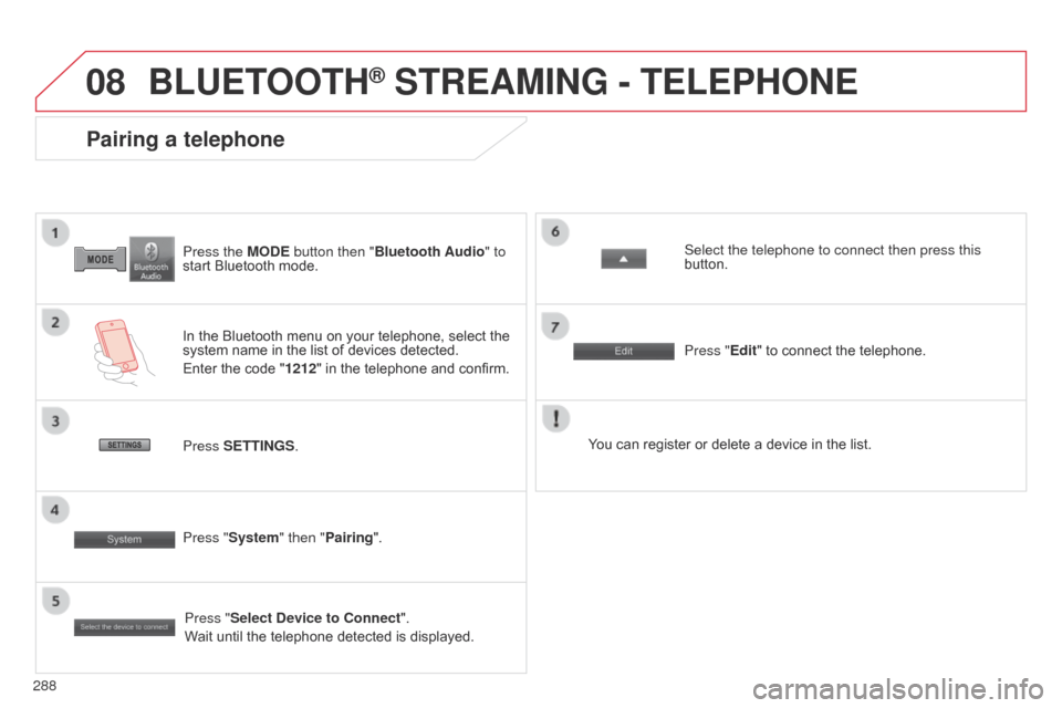 Citroen C4 AIRCROSS 2017 1.G Owners Manual 08
288
C4-Aircross_en_Chap10b_Mitsu6_ed01-2016
Press the MODE button then "Bluetooth Audio" to 
start Bluetooth mode.
Pairing a telephone
In the Bluetooth menu on your telephone, select the 
system na