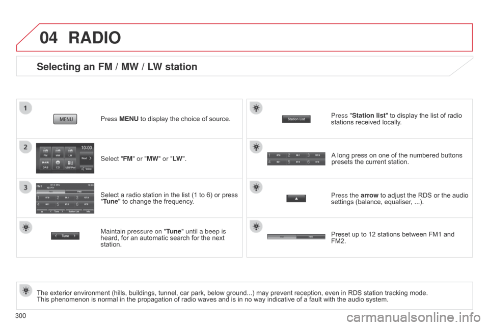 Citroen C4 AIRCROSS 2017 1.G Owners Manual 04
300
Selecting an FM / MW / LW station
The exterior environment (hills, buildings, tunnel, car park, below ground...) may prevent reception, even in RDS station tracking mode.
This phenomenon is no Citroen C4 AIRCROSS 2017 1.G Owners Manual 04
300
Selecting an FM / MW / LW station
The exterior environment (hills, buildings, tunnel, car park, below ground...) may prevent reception, even in RDS station tracking mode.
This phenomenon is no
