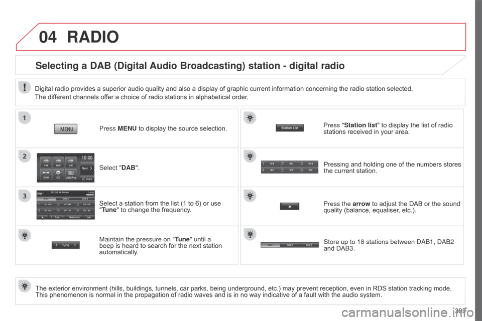 Citroen C4 AIRCROSS 2017 1.G Owners Manual 04
303
C4-Aircross_en_Chap10c_Mitsu5_ed01-2016
RADIO
Selecting a DAB (Digital Audio Broadcasting) station - digital radio
The exterior environment (hills, buildings, tunnels, car parks, being undergro Citroen C4 AIRCROSS 2017 1.G Owners Manual 04
303
C4-Aircross_en_Chap10c_Mitsu5_ed01-2016
RADIO
Selecting a DAB (Digital Audio Broadcasting) station - digital radio
The exterior environment (hills, buildings, tunnels, car parks, being undergro