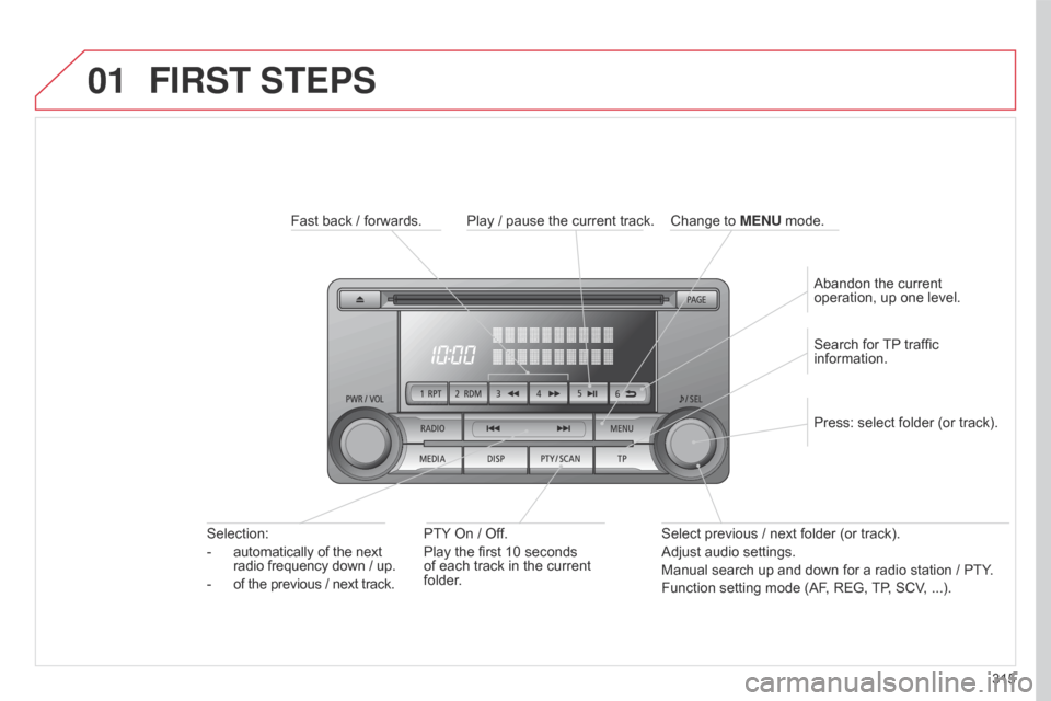 Citroen C4 AIRCROSS 2017 1.G Owners Manual 01
315
C4-Aircross_en_Chap10d_Mitsu4_ed01-2016
FIRST STEPS
Fast back / forwards.PTY  On   / Off.
Play the first 10 seconds 
of each track in the current 
folder.
Selection:
-
 automatically of the nex