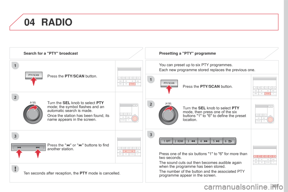 Citroen C4 AIRCROSS 2017 1.G Owners Manual 04
 
323
C4-Aircross_en_Chap10d_Mitsu4_ed01-2016
RADIO
Search for a "PTY" broadcastPress the PTY/SCAN button.
Ten seconds after reception, the  PTY mode is cancelled. Press one of the six buttons "1" 