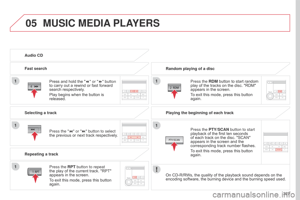 Citroen C4 AIRCROSS 2017 1.G Owners Manual 05
327
C4-Aircross_en_Chap10d_Mitsu4_ed01-2016
MUSIC MEDIA PLAYERS
Random playing of a disc
Press the RDM button to start random 
play of the tracks on the disc. "RDM" 
appears in the screen.
To exit 