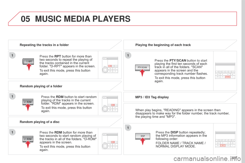 Citroen C4 AIRCROSS 2017 1.G Owners Manual 05
329
C4-Aircross_en_Chap10d_Mitsu4_ed01-2016
MUSIC MEDIA PLAYERS
Repeating the tracks in a folder
Press the RPT button for more than 
two seconds to repeat the playing of 
the tracks contained in th