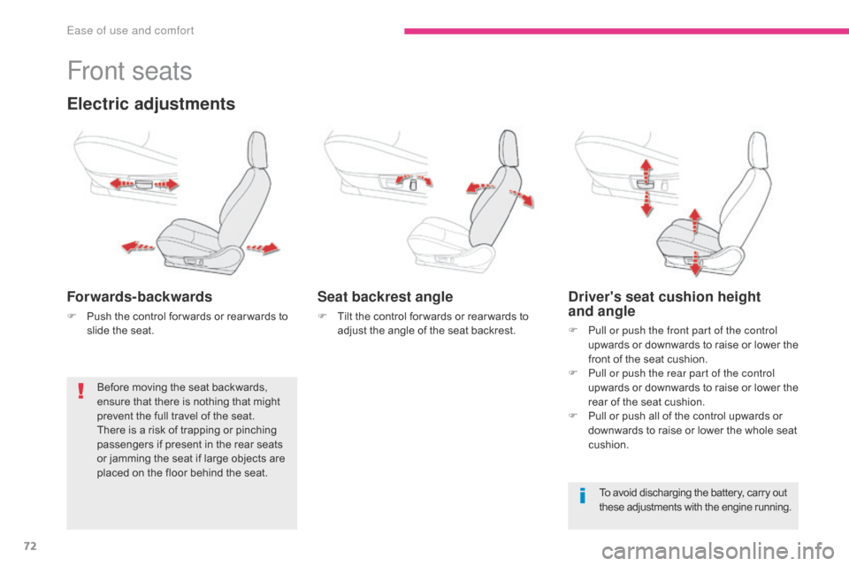 Citroen C4 AIRCROSS 2017 1.G Owners Manual 72
C4-Aircross_en_Chap03_Ergonomie-et-confort_ed01-2016
Front seats
Electric adjustments
Forwards-backwards
F Push the control for wards or rear wards to slide the seat.
Seat backrest angle
F Tilt the