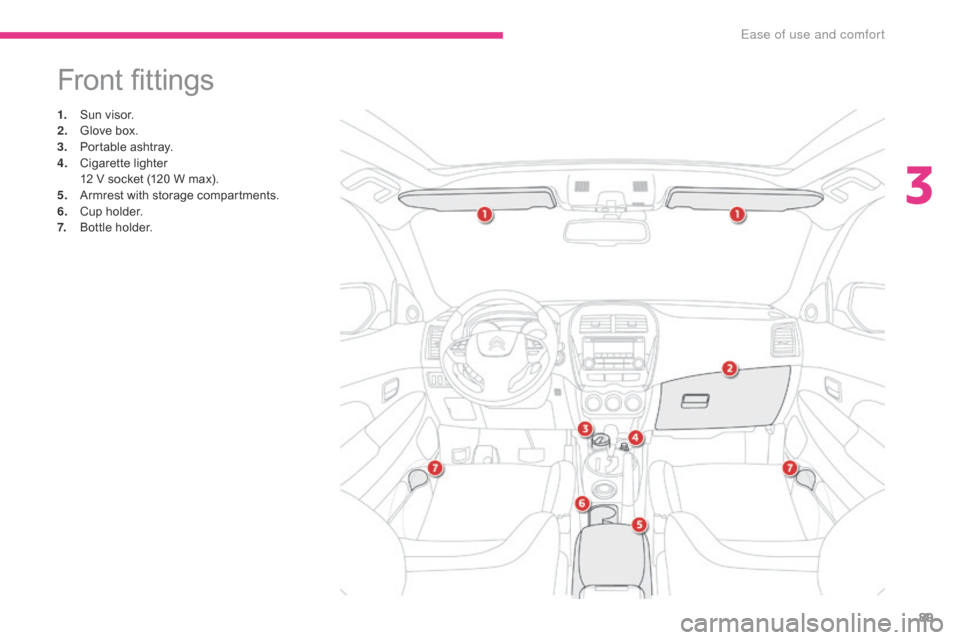 Citroen C4 AIRCROSS 2017 1.G Owners Manual 89
C4-Aircross_en_Chap03_Ergonomie-et-confort_ed01-2016
Front fittings
1. Sun visor.
2. Glove box.
3.
 P

ortable ashtray.
4.
 C

igarette lighter
 1

2 V socket (120 W max).
5.
 A

rmrest with storag