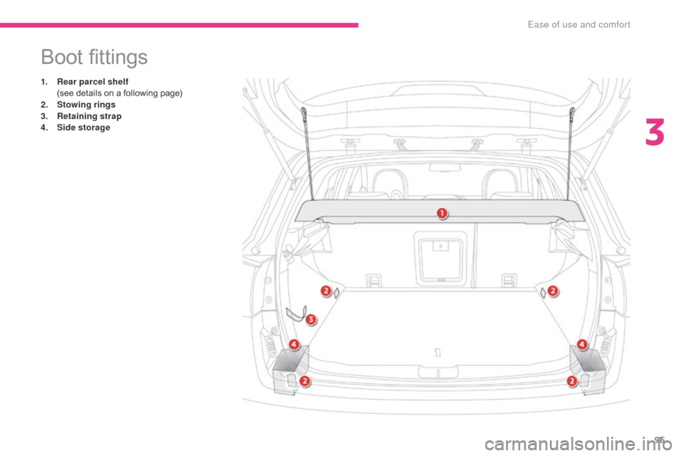 Citroen C4 AIRCROSS 2017 1.G Owners Manual 95
C4-Aircross_en_Chap03_Ergonomie-et-confort_ed01-2016
Boot fittings
1. Rear parcel shelf  (
see details on a following page)
2.
 S

towing  rings
3.
 R

etaining strap
4.
 S

ide storage 
3 
Ease of