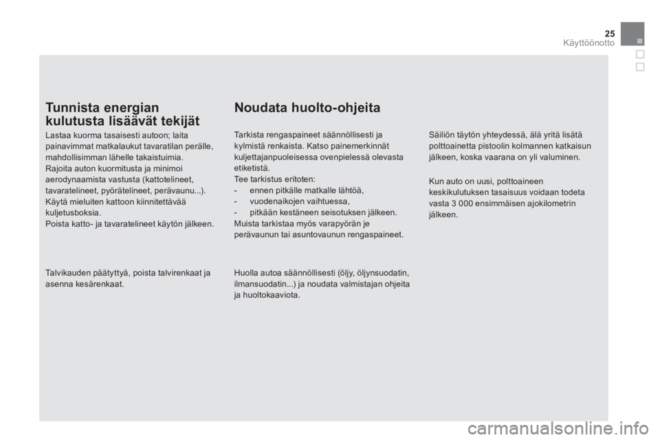 CITROEN DS5 2011 Omistajan Käsikirjat (in Finnish) 25
Käyttöönotto
Tu n n i s t a e n e rgian
kulutusta lisäävät tekijät
Lastaa kuorma tasaisesti autoon; laitapainavimmat matkalaukut tavaratilan perälle,mahdollisimman lähelle takaistuimia. CITROEN DS5 2011 Omistajan Käsikirjat (in Finnish) 25
Käyttöönotto
Tu n n i s t a e n e rgian
kulutusta lisäävät tekijät
Lastaa kuorma tasaisesti autoon; laitapainavimmat matkalaukut tavaratilan perälle,mahdollisimman lähelle takaistuimia.