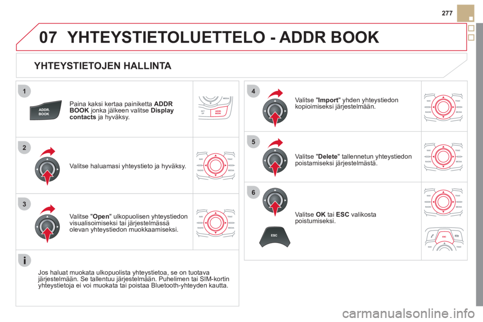 CITROEN DS5 2011  Omistajan Käsikirjat (in Finnish) 1
2
3
4
5
6
07
277
   
YHTEYSTIETOJEN HALLINTA 
Paina kaksi kertaa painiketta ADDRBOOK jonka jälkeen valitseDisplaycontactsja hyväksy.  
Valitse haluamasi 
yhteystieto ja hyväksy.  V
alitse "Import