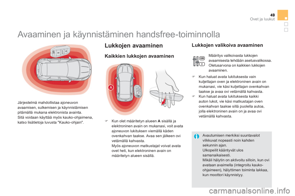 CITROEN DS5 2011  Omistajan Käsikirjat (in Finnish) Ovet ja luukut
Lukkojen avaaminen 
   
 
 
 
 
 
 
 
 
 
 
 
 
 
 
 
 
 
 
 
Avaaminen ja käynnistäminen handsfree-toiminnolla 
 
 
Järjestelmä mahdollistaa ajoneuvon 
avaamisen, sulkemisen ja kä
