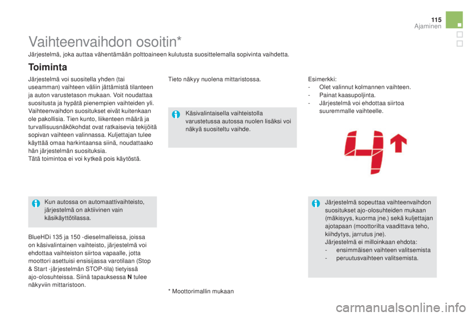 CITROEN DS5 HYBRID 2016 Omistajan Käsikirjat (in Finnish) 11 5
DS5_fi_Chap04_conduite_ed02-2015
Vaihteenvaihdon osoitin*
Käsivalintaisella vaihteistolla
varustetussa autossa nuolen lisäksi voi
näkyä suositeltu vaihde.Järjestelmä sopeuttaa vaihteenvai CITROEN DS5 HYBRID 2016 Omistajan Käsikirjat (in Finnish) 11 5
DS5_fi_Chap04_conduite_ed02-2015
Vaihteenvaihdon osoitin*
Käsivalintaisella vaihteistolla
varustetussa autossa nuolen lisäksi voi
näkyä suositeltu vaihde.Järjestelmä sopeuttaa vaihteenvai
