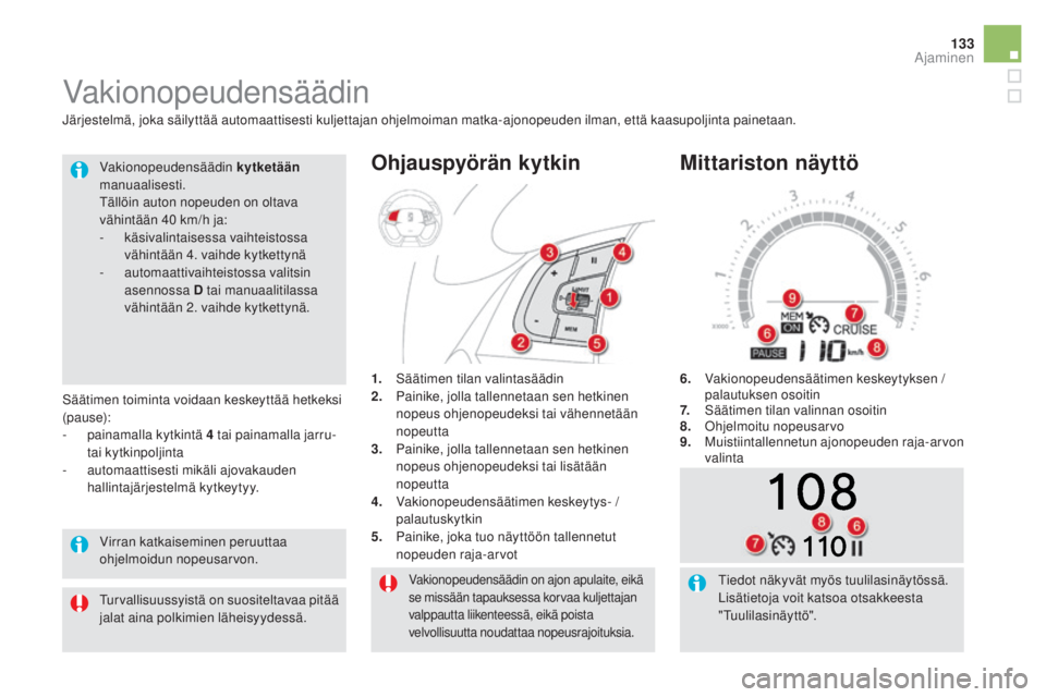 CITROEN DS5 HYBRID 2016 Omistajan Käsikirjat (in Finnish) 133
DS5_fi_Chap04_conduite_ed02-2015
Vakionopeudensäädin on ajon apulaite, eikä
se missään tapauksessa korvaa kuljettajan
valppautta liikenteessä, eikä poista
velvollisuutta noudattaa nopeus CITROEN DS5 HYBRID 2016 Omistajan Käsikirjat (in Finnish) 133
DS5_fi_Chap04_conduite_ed02-2015
Vakionopeudensäädin on ajon apulaite, eikä
se missään tapauksessa korvaa kuljettajan
valppautta liikenteessä, eikä poista
velvollisuutta noudattaa nopeus