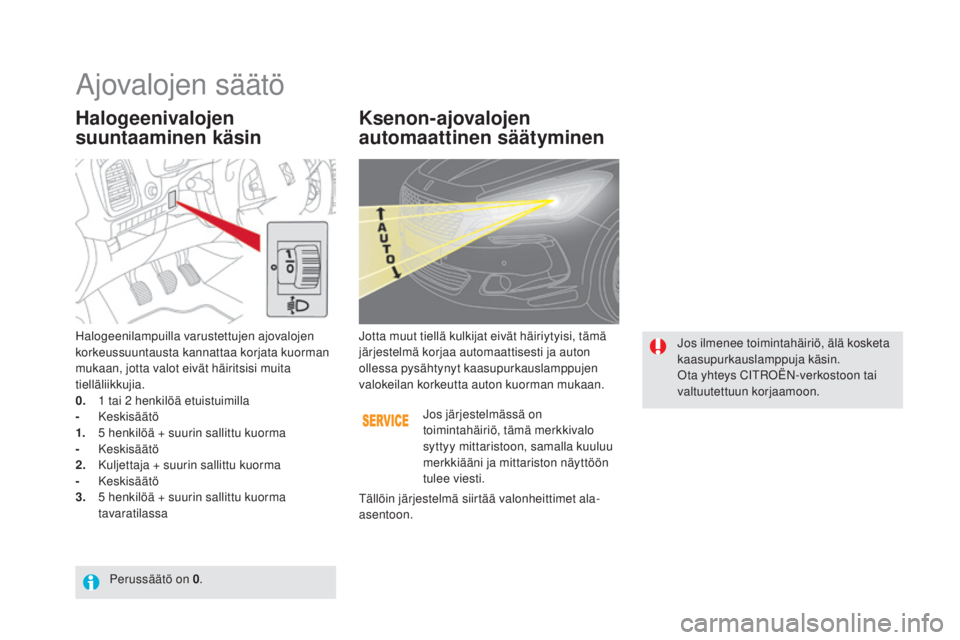 CITROEN DS5 HYBRID 2016 Omistajan Käsikirjat (in Finnish) DS5_fi_Chap05_visibilite_ed02-2015
Halogeenivalojen
suuntaaminen käsinKsenon-ajovalojen
automaattinen säätyminen
Halogeenilampuilla varustettujen ajovalojen
korkeussuuntausta kannattaa korjata k CITROEN DS5 HYBRID 2016 Omistajan Käsikirjat (in Finnish) DS5_fi_Chap05_visibilite_ed02-2015
Halogeenivalojen
suuntaaminen käsinKsenon-ajovalojen
automaattinen säätyminen
Halogeenilampuilla varustettujen ajovalojen
korkeussuuntausta kannattaa korjata k