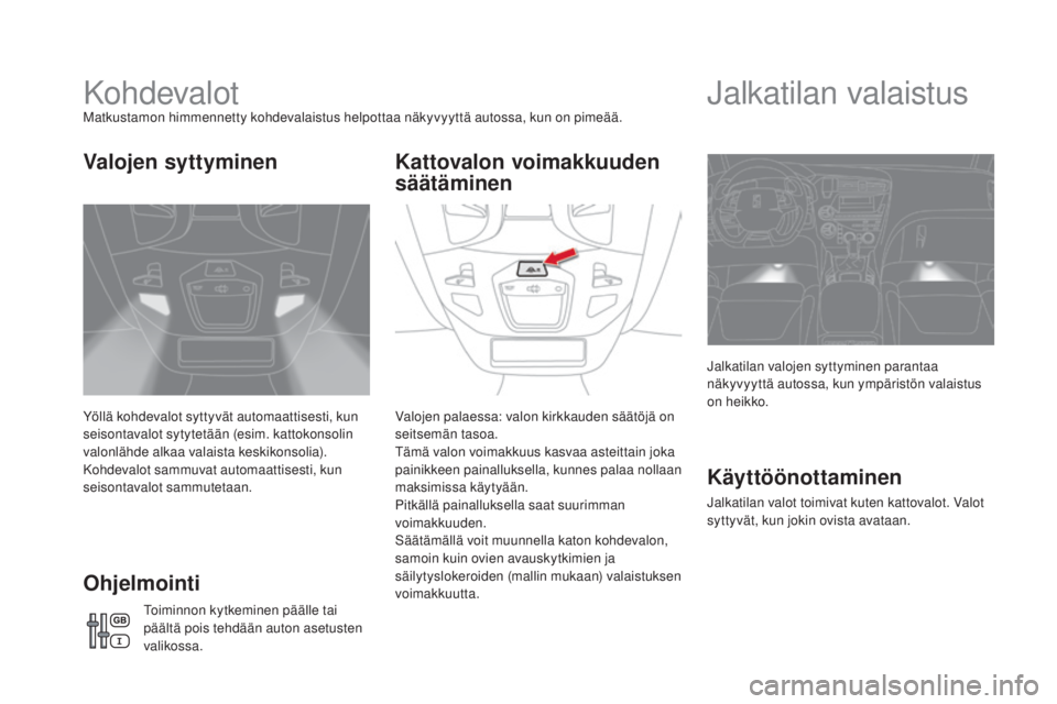 CITROEN DS5 HYBRID 2016 Omistajan Käsikirjat (in Finnish) DS5_fi_Chap05_visibilite_ed02-2015
KohdevalotMatkustamon himmennetty kohdevalaistus helpottaa näkyvyyttä autossa, kun on pimeää.
Yöllä kohdevalot syttyvät automaattisesti, kun
seisontavalot sy CITROEN DS5 HYBRID 2016 Omistajan Käsikirjat (in Finnish) DS5_fi_Chap05_visibilite_ed02-2015
KohdevalotMatkustamon himmennetty kohdevalaistus helpottaa näkyvyyttä autossa, kun on pimeää.
Yöllä kohdevalot syttyvät automaattisesti, kun
seisontavalot sy
