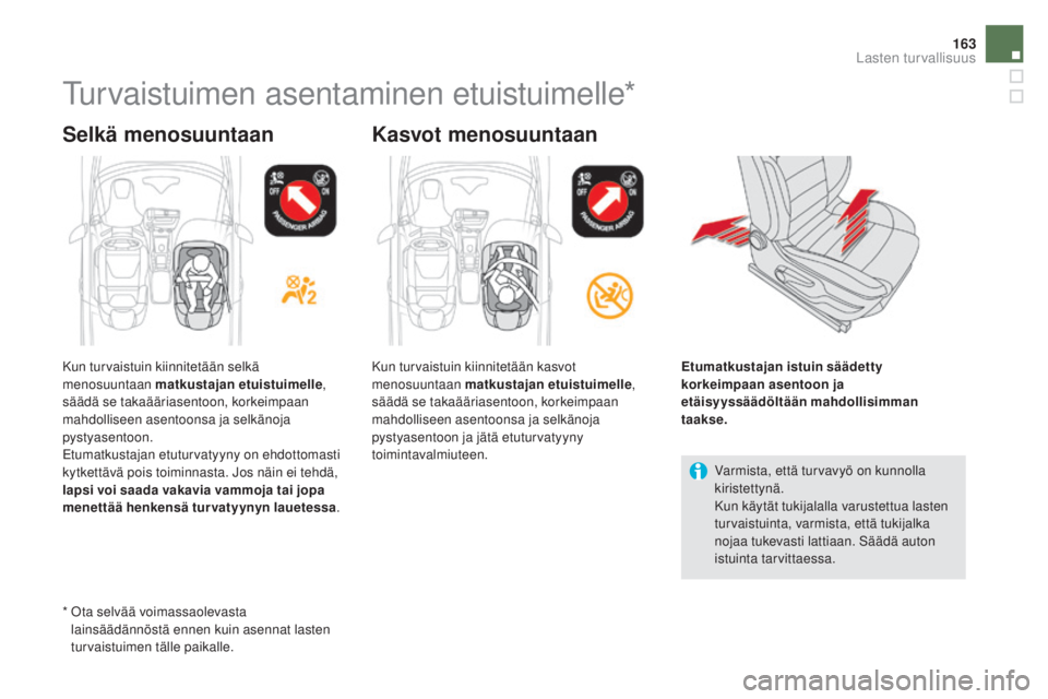 CITROEN DS5 HYBRID 2016 Omistajan Käsikirjat (in Finnish) 163
DS5_fi_Chap06_securite-enfants_ed02-2015
Turvaistuimen asentaminen etuistuimelle*
Selkä menosuuntaan Kasvot menosuuntaan
Varmista, että turvavyö on kunnolla
kiristettynä.
Kun käytät tukijal CITROEN DS5 HYBRID 2016 Omistajan Käsikirjat (in Finnish) 163
DS5_fi_Chap06_securite-enfants_ed02-2015
Turvaistuimen asentaminen etuistuimelle*
Selkä menosuuntaan Kasvot menosuuntaan
Varmista, että turvavyö on kunnolla
kiristettynä.
Kun käytät tukijal