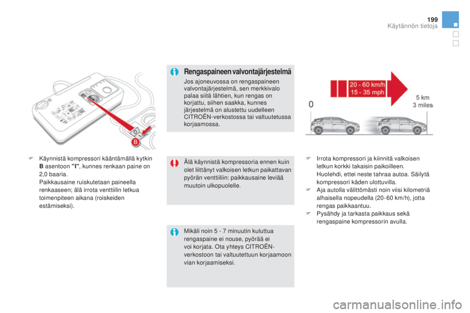 CITROEN DS5 HYBRID 2016 Omistajan Käsikirjat (in Finnish) 199
DS5_fi_Chap08_info-pratiques_ed02-2015
Älä käynnistä kompressoria ennen kuin
olet liittänyt valkoisen letkun paikattavan
pyörän venttiiliin: paikkausaine leviää
muutoin ulkopuolelle.
F CITROEN DS5 HYBRID 2016 Omistajan Käsikirjat (in Finnish) 199
DS5_fi_Chap08_info-pratiques_ed02-2015
Älä käynnistä kompressoria ennen kuin
olet liittänyt valkoisen letkun paikattavan
pyörän venttiiliin: paikkausaine leviää
muutoin ulkopuolelle.
F