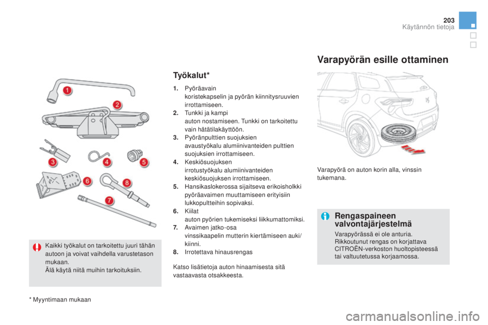 CITROEN DS5 HYBRID 2016 Omistajan Käsikirjat (in Finnish) 203
DS5_fi_Chap08_info-pratiques_ed02-2015
Ty ö k a l u t *
Varapyörän esille ottaminen
Varapyörä on auton korin alla, vinssin
tukemana.
Rengaspaineen
valvontajärjestelmä
Varapyörässä ei o CITROEN DS5 HYBRID 2016 Omistajan Käsikirjat (in Finnish) 203
DS5_fi_Chap08_info-pratiques_ed02-2015
Ty ö k a l u t *
Varapyörän esille ottaminen
Varapyörä on auton korin alla, vinssin
tukemana.
Rengaspaineen
valvontajärjestelmä
Varapyörässä ei o