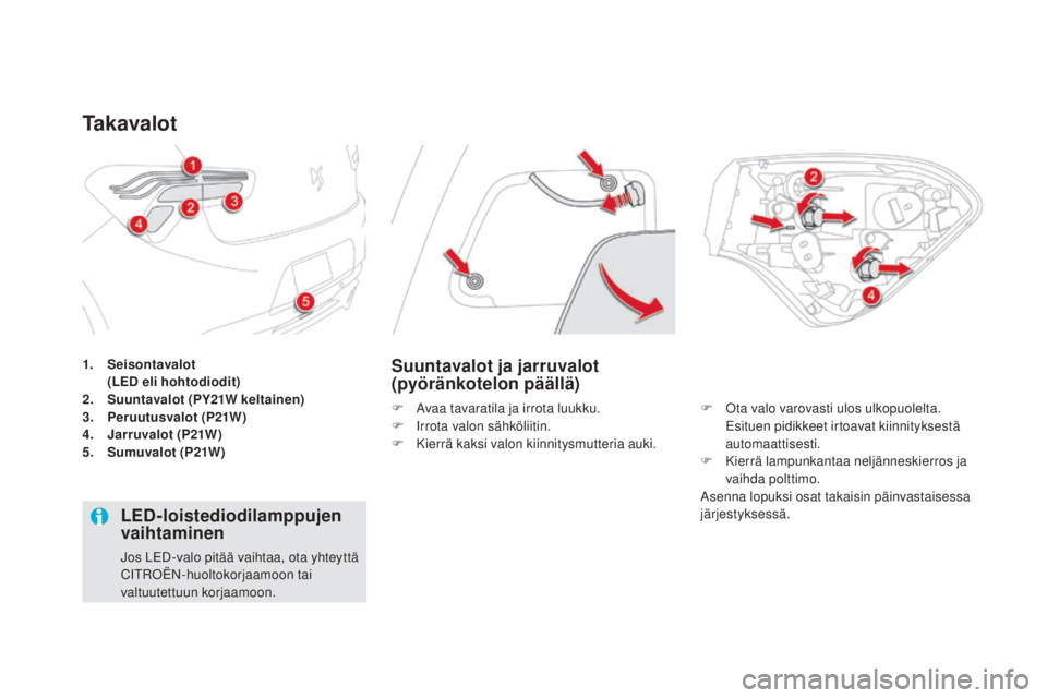 CITROEN DS5 HYBRID 2016 Omistajan Käsikirjat (in Finnish) DS5_fi_Chap08_info-pratiques_ed02-2015
1. Seisontavalot (Led e
li hohtodiodit )
2.
Suun
tavalot (
pY2
1W keltainen)
3.
per
uutusvalot (
p21
W)
4.
Ja
rruvalot (
p21
W)
5.
Su
muvalot (
p21
CITROEN DS5 HYBRID 2016 Omistajan Käsikirjat (in Finnish) DS5_fi_Chap08_info-pratiques_ed02-2015
1. Seisontavalot (Led e
li hohtodiodit )
2.
Suun
tavalot (
pY2
1W keltainen)
3.
per
uutusvalot (
p21
W)
4.
Ja
rruvalot (
p21
W)
5.
Su
muvalot (
p21
