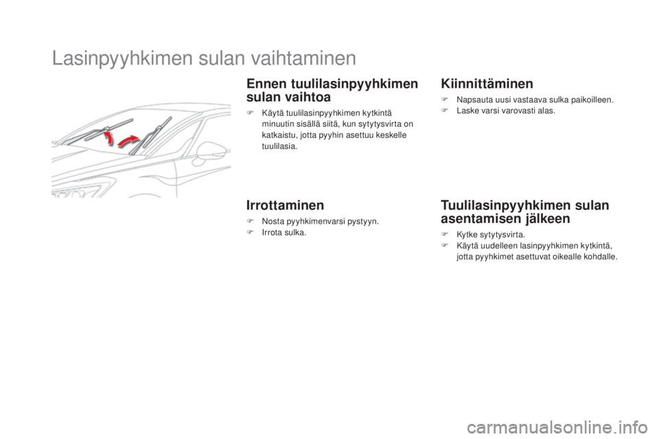 CITROEN DS5 HYBRID 2016  Omistajan Käsikirjat (in Finnish) DS5_fi_Chap08_info-pratiques_ed02-2015
Lasinpyyhkimen sulan vaihtaminen
ennen tuulilasinpyyhkimen 
s ulan vaihtoa
F Käytä tuulilasinpyyhkimen kytkintä 
m
inuutin sisällä siitä, kun sytytysvirta 