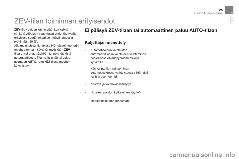 CITROEN DS5 HYBRID 2016 Omistajan Käsikirjat (in Finnish) 25Hybrid4-järjestelmä
ZEV-tilan toiminnan erityisehdot
ZEV
-tila voidaan käynnistää, kun kaikki
sähkökäyttötilaan vaa CITROEN DS5 HYBRID 2016 Omistajan Käsikirjat (in Finnish) 25Hybrid4-järjestelmä
ZEV-tilan toiminnan erityisehdot
ZEV
-tila voidaan käynnistää, kun kaikki
sähkökäyttötilaan vaa