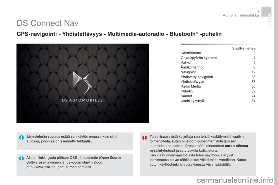 CITROEN DS5 HYBRID 2016 Omistajan Käsikirjat (in Finnish) 1 Audio ja Telematiikka
DS Connect Nav
GPS-navigointi - Yhdistettävyys - Multimedia-autoradio - Bluetooth ®
-puhelin
Sisällysluettelo
Käyttöönotto 2
Ohjauspyörän CITROEN DS5 HYBRID 2016 Omistajan Käsikirjat (in Finnish) 1 Audio ja Telematiikka
DS Connect Nav
GPS-navigointi - Yhdistettävyys - Multimedia-autoradio - Bluetooth ®
-puhelin
Sisällysluettelo
Käyttöönotto 2
Ohjauspyörän