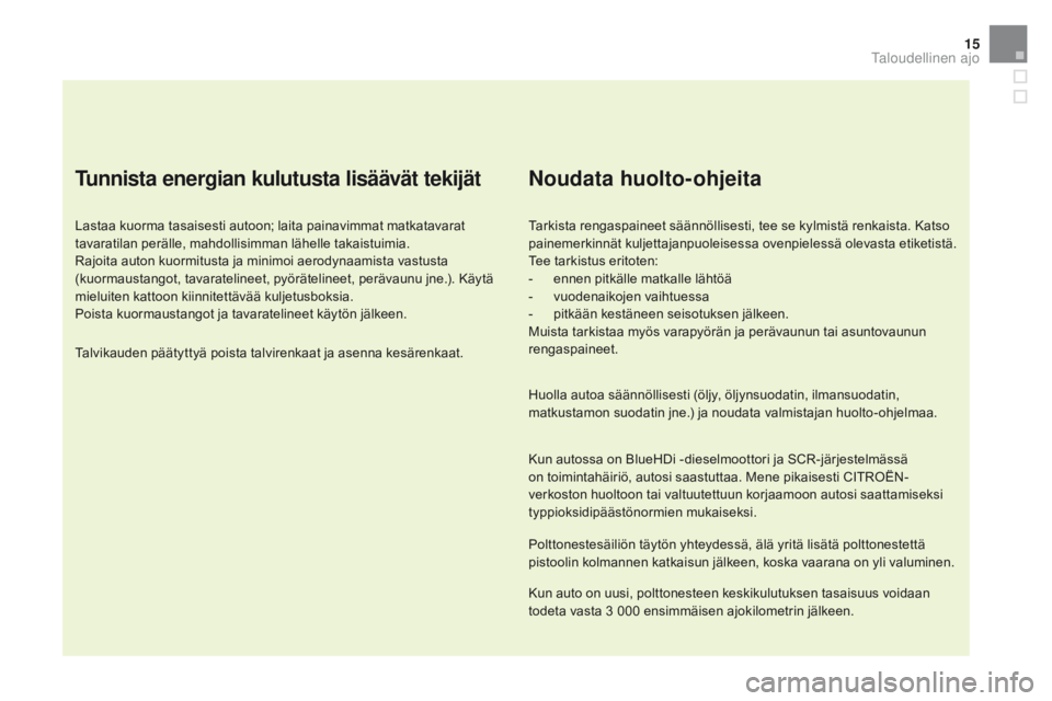 CITROEN DS5 HYBRID 2015 Omistajan Käsikirjat (in Finnish) 15
DS5_fi_Chap00c_eco-conduite_ed01-2015
Tunnista energian kulutusta lisäävät tekijät
Lastaa kuorma tasaisesti autoon; laita painavimmat matkatavarat
tavaratilan perälle, mahdollisimman lähelle CITROEN DS5 HYBRID 2015 Omistajan Käsikirjat (in Finnish) 15
DS5_fi_Chap00c_eco-conduite_ed01-2015
Tunnista energian kulutusta lisäävät tekijät
Lastaa kuorma tasaisesti autoon; laita painavimmat matkatavarat
tavaratilan perälle, mahdollisimman lähelle